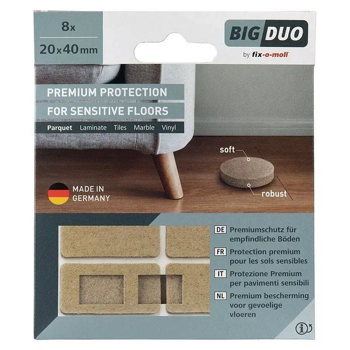 Fix-o-moll Filzgleiter - B x H: 40 x 20 mm, Kleben, 8 Stk., Weiß - Verpackung für 8 beigefarbene Filzgleiter (20x40mm) für empfindliche Böden, mit rechteckigen und runden Pads.
