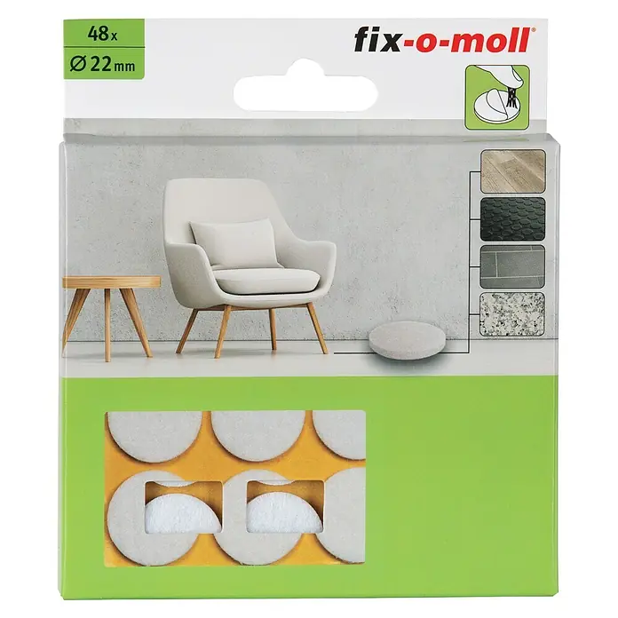 Fix-o-moll Filzgleiter - Durchmesser: 28 mm, Kleben, 48 Stk. - Packung mit 48 runden, weißen Filzgleitern, 22 mm Durchmesser, für Möbelschutz.