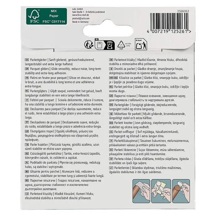 Fix-o-moll Filzgleiter - B x H: 25 x 25 mm, Kleben, 9 Stk., Beige - Verpackung von Filz-Möbelgleitern für Parkett, mit Anwendungsanleitung.