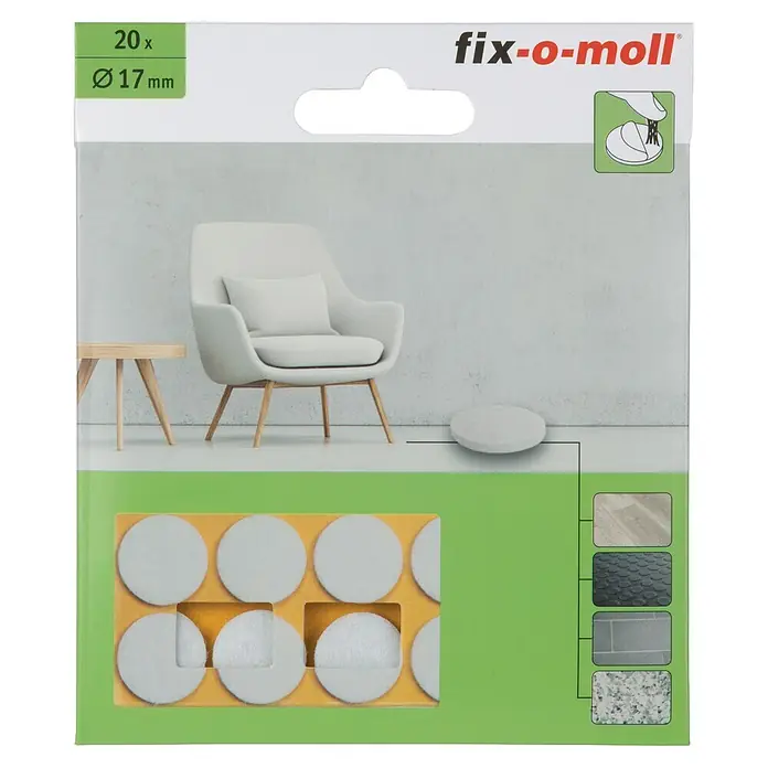Fix-o-moll Filzgleiter - Durchmesser: 17 mm, Kleben, 20 Stk., Weiß - Packung mit 20 weißen 17mm Filzgleitern auf Display-Verpackung, mit Stuhl im Hintergrund, der ihre Verwendung zeigt.