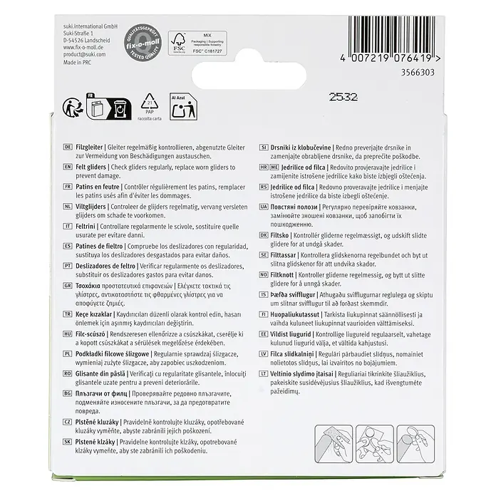 Fix-o-moll Filzgleiter - Durchmesser: 28 mm, Kleben, 48 Stk. - Verpackung für Filzgleiter mit Produktdetails und Anwendungshinweisen.