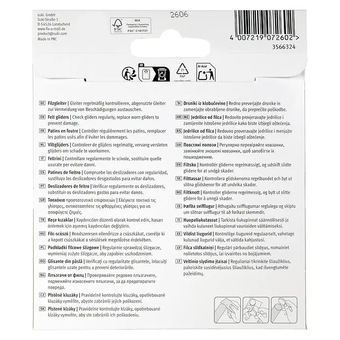 Fix-o-moll Filzgleiter - B x H: 32 x 32 mm, Kleben, 6 Stk., Weiß - Verpackung für Filzgleiter mit mehrsprachigen Pflege- und Austauschanweisungen.