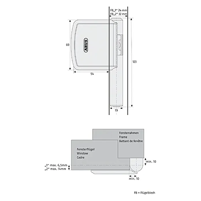 Abus Scharnierseitensicherung FAS101 - Weiß - ABUS Fenstersicherung: Technische Zeichnung mit Maßen für Montage an Fensterrahmen und -flügel.