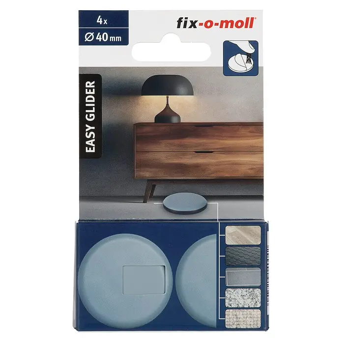 Fix-o-moll Möbelgleiter - Durchmesser: 40 mm, 4 Stk. - fix-o-moll EASY GLIDER Packung mit 4 hellblauen 40mm Möbelgleitern und Anwendungsbildern.