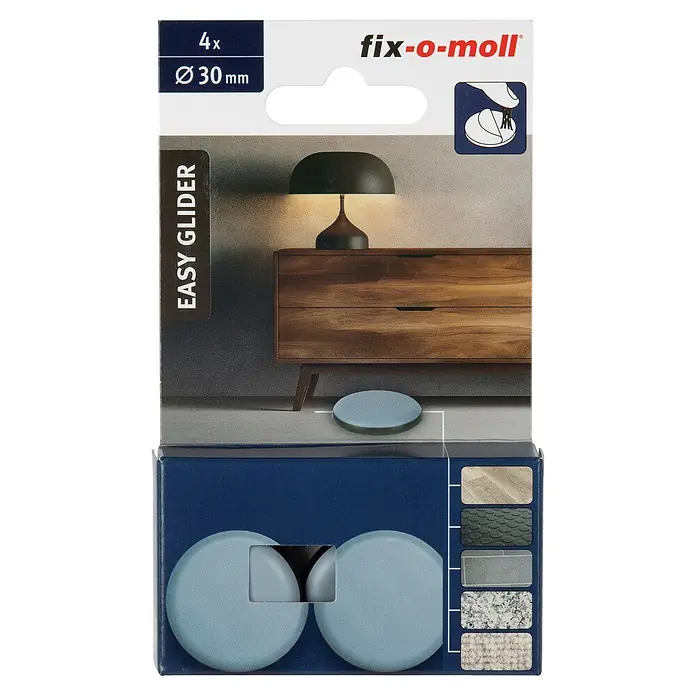 Fix-o-moll Möbelgleiter - Durchmesser: 30 mm, 4 Stk. - Packung mit 4 hellblauen, Ø 30mm fix-o-moll Easy Glider Möbelgleitern zum Bodenschutz.