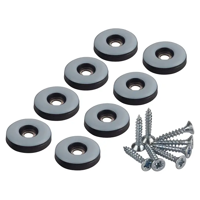 Fix-o-moll Möbelgleiter - Durchmesser: 22 mm, Schrauben - Acht runde grau-schwarze Möbelgleiter mit zentralen Metallösen, neben einem Stapel Silberschrauben.