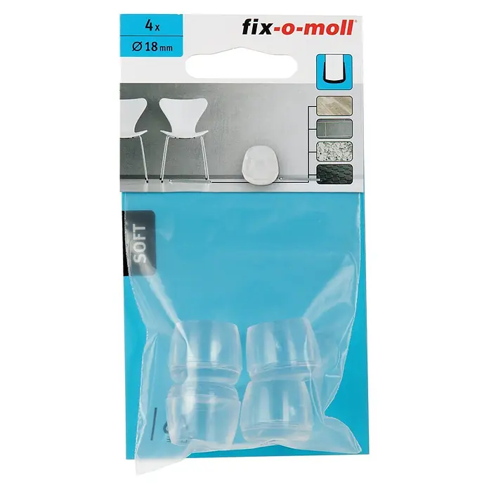 Fix-o-moll Rohrkappen - Durchmesser: 18 mm - 4 transparente fix-o-moll SOFT Möbelgleiter (18mm) für Stuhlbeine, bieten Bodenschutz.