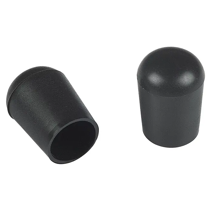 Fix-o-moll Rohrkappen - Durchmesser: 14 mm, 4 Stk. - Zwei schwarze Kunststoff-Schutzkappen, eine aufrecht, eine gekippt.