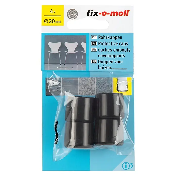 Fix-o-moll Rohrkappen - Durchmesser: 20 mm, 4 Stk. - Vier schwarze Rohrkappen, Ø 20mm, zum Schutz von Stuhlbeinen oder Rohren.