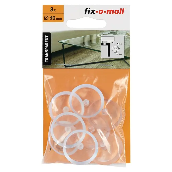 Fix-o-moll Gummiauflage - Durchmesser: 30 mm, 8 Stk. - 8 transparente, runde 30mm Möbelpuffer/Unterlagen in einer Packung, gezeigt zum Schutz eines Glastisches.