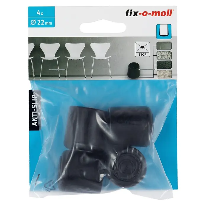 Fix-o-moll Rohrkappen - Durchmesser: 22 mm, 4 Stk., Rutschhemmend - Schwarze Anti-Rutsch-Möbelgleiter (4 Stk.), 22mm Durchmesser, schützen Böden vor Kratzern und verhindern Verrutschen.