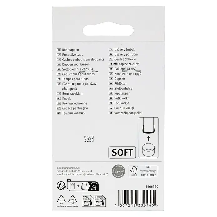 Fix-o-moll Rohrkappen - Durchmesser: 20 mm - Verpackung für Schutzkappen, wahrscheinlich für Rohre oder Möbelfüße, mit SOFT-Label und Installationsanleitung.