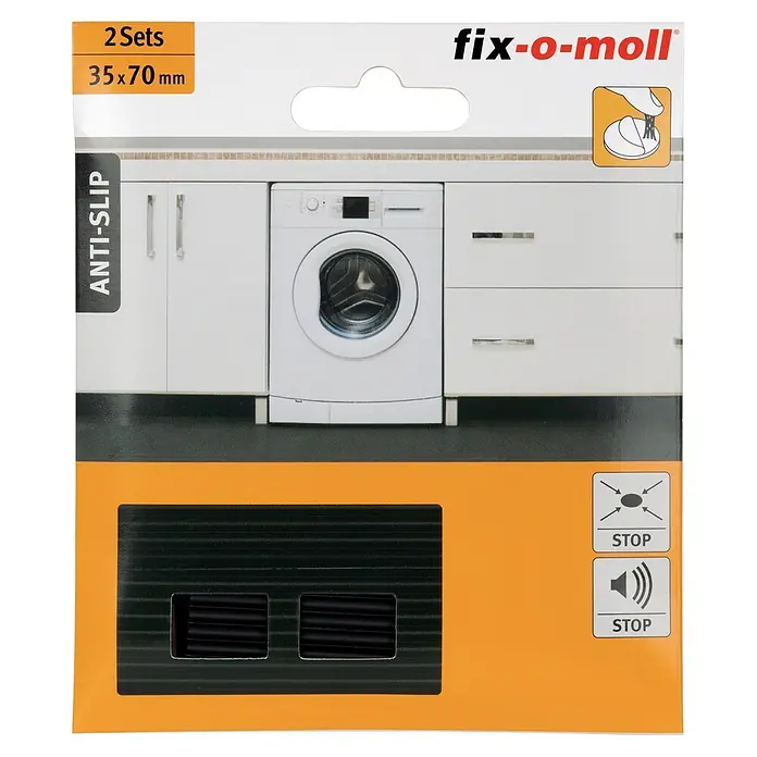 Fix-o-moll Teppichgleiter - B x L: 35 x 70 mm, Kleben, 2 -tlg. - Schwarze Anti-Rutsch- und Anti-Vibrationspads für Geräte, in der Verpackung gezeigt, wie sie eine Waschmaschine stabilisieren.