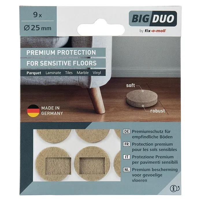 Fix-o-moll Filzgleiter - Durchmesser: 25 mm, Kleben, 9 Stk., Weiß - 9x Ø25mm Filzgleiter für Möbel, Premium-Bodenschutz für empfindliche Böden. Beige, weich und robust.