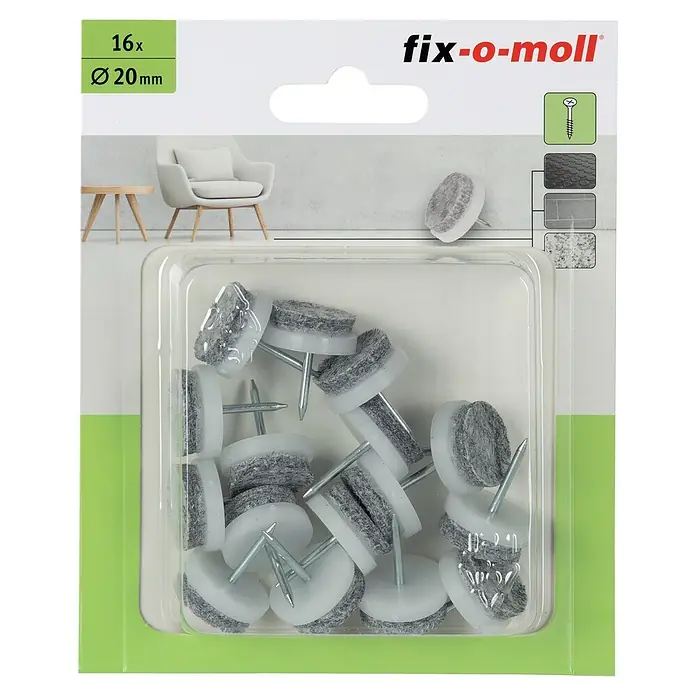 Fix-o-moll Plastik-Gleiter - Durchmesser: 20 mm, Weiß - Blisterpackung mit 16 weißen Kunststoff-Filzgleitern (Ø 20mm) zum Nageln, mit grauen Filzunterlagen.