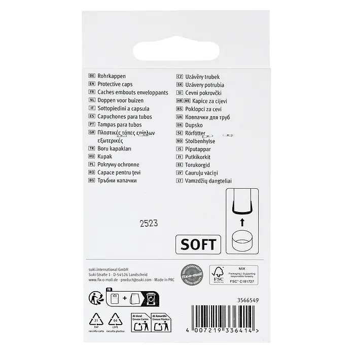 Fix-o-moll Rohrkappen - Durchmesser: 18 mm - Weiche Schutzkappen, präsentiert auf mehrsprachiger Verpackung mit Montageanleitung.
