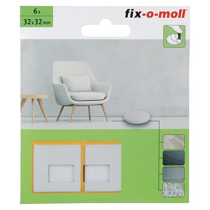 Fix-o-moll Filzgleiter - B x H: 32 x 32 mm, Kleben, 6 Stk., Weiß - Packung mit 6 weißen quadratischen Filzgleitern, 32x32mm, für Bodenschutz.