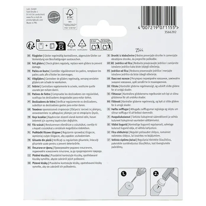 Fix-o-moll Plastik-Gleiter - Durchmesser: 20 mm, Weiß - fix-o-moll Verpackung für Filzgleiter, mit mehrsprachigen Gebrauchsanweisungen und Installationsdiagrammen.