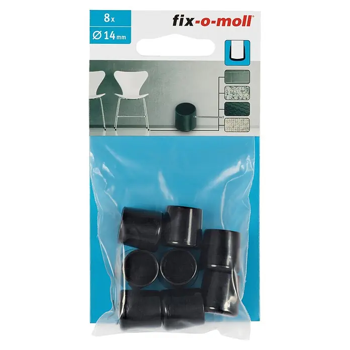Fix-o-moll Rohrkappen - Durchmesser: 14 mm, 4 Stk. - Set mit 8 schwarzen Kunststoff-Möbelgleitern, 14 mm Durchmesser, zum Bodenschutz.