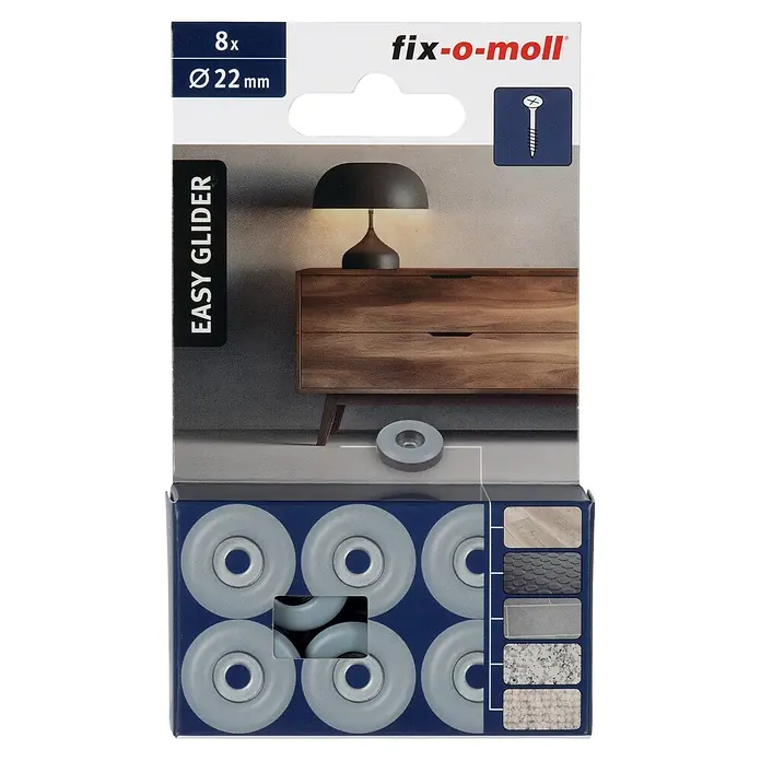 Fix-o-moll Möbelgleiter - Durchmesser: 22 mm, Schrauben - Packung mit 8 fix-o-moll 22mm hellgrauen Schraubgleitern für Möbel, zur Bewegung auf diversen Böden. Zeigt Gleiter unter Holzkommode.