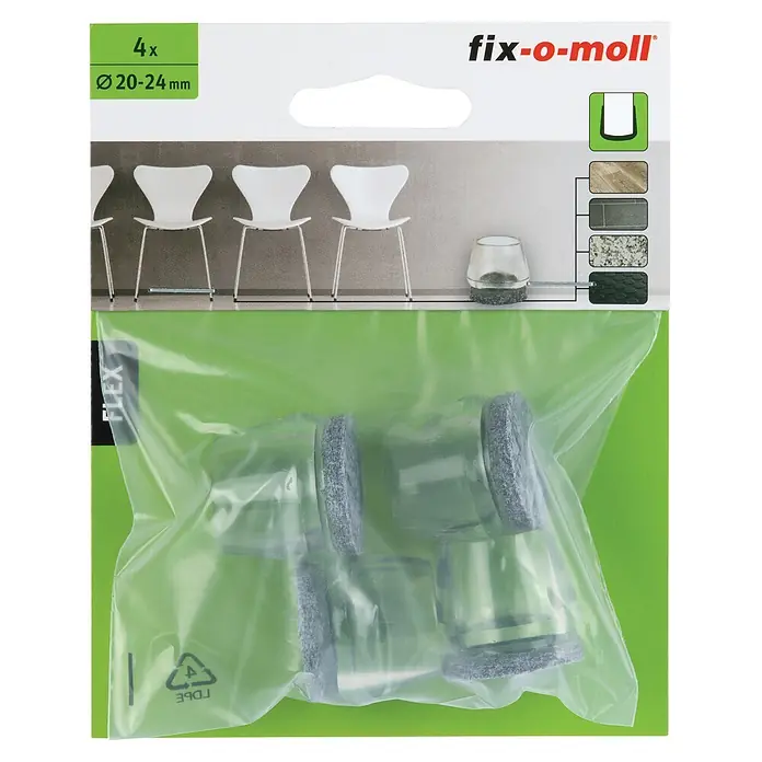 Fix-o-moll Rohrkappen - Durchmesser: 20 mm, Kunststoff - Vier transparente Stuhlbeinkappen mit grauen Filzgleitern, 20-24 mm Durchmesser, zum Bodenschutz.