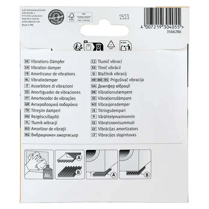Fix-o-moll Teppichgleiter - B x L: 35 x 70 mm, Kleben, 2 -tlg. - Verpackung für Vibrationsdämpfer mit Gebrauchsanleitung und mehrsprachigen Produktbezeichnungen. Die Dämpfer sind texturiert und selbstklebend.