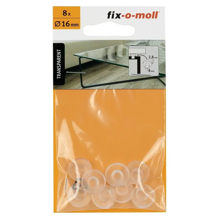 Fix-o-moll Gummiauflage - Durchmesser: 16 mm, 8 Stk. - Packung mit 8 transparenten Möbelpuffern/Abstandshaltern, Ø 16mm, 2,8mm hoch, ideal für Glasmöbel.
