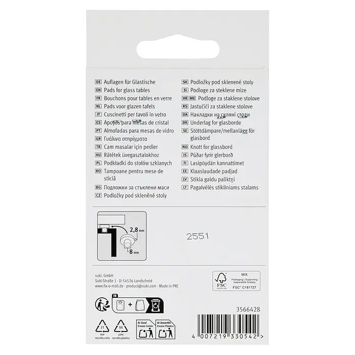 Fix-o-moll Gummiauflage - Durchmesser: 16 mm, 8 Stk. - Transparente, zylindrische Puffer (8mm Durchmesser, 2,8mm Höhe) für Glastische.