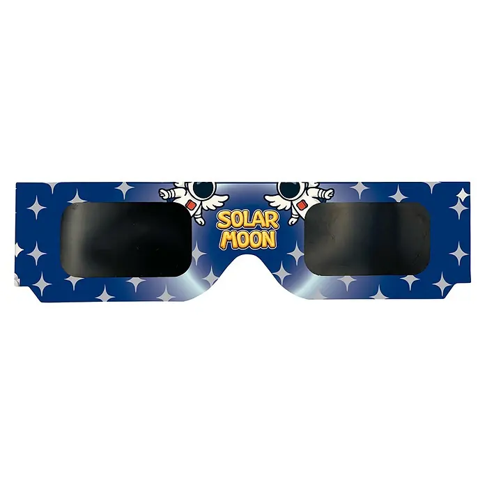 Gafas de seguridad Astrolum - Azul, Específico para: Eclipse solar - Gafas de eclipse solar azules con estrellas blancas, gráficos de astronautas y el texto 'SOLAR MOON', con lentes oscuras.
