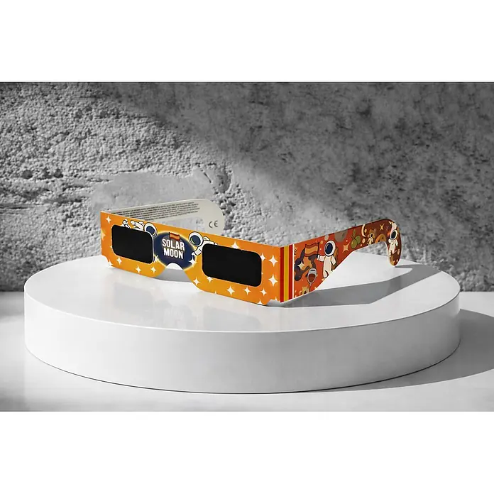 Gafas de seguridad Astrolum - Rojo, Específico para: Eclipse solar - Gafas de cartón naranjas para eclipses solares con diseño espacial, astronautas y texto 'SOLAR MOON'.