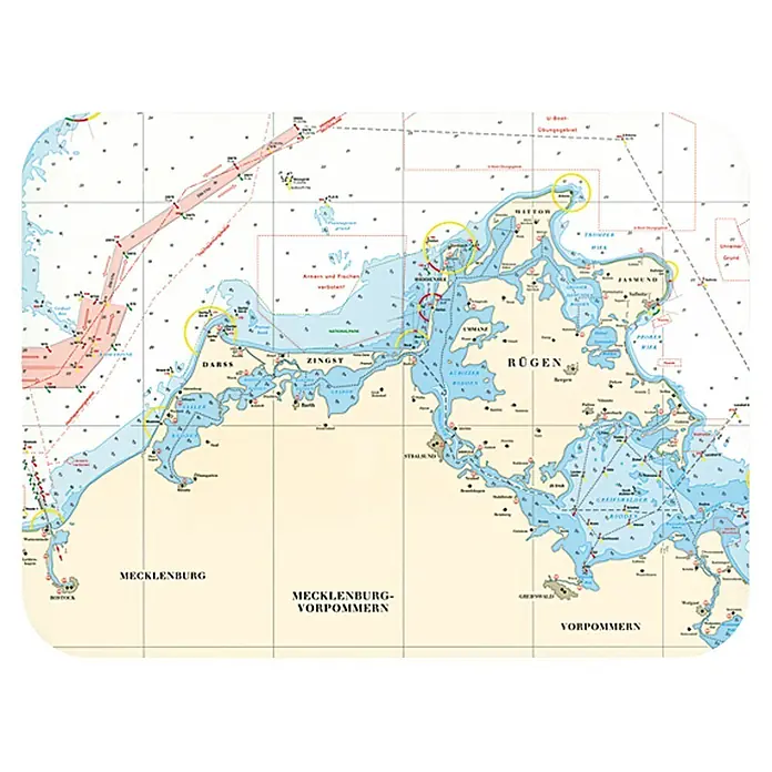 Navyline Tisch-Set - L x B: 40 x 30 cm, Rügen - Detailreiche Seekarte der Ostseeküste Deutschlands, ideal für die Navigation. Mecklenburg-Vorpommern und Rügen sind gut erkennbar.