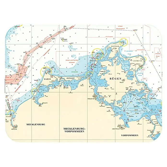 Navyline Tisch-Set - L x B: 40 x 30 cm, Rügen - Detailreiche Seekarte der Ostseeküste Deutschlands, ideal für die Navigation. Mecklenburg-Vorpommern und Rügen sind gut erkennbar.