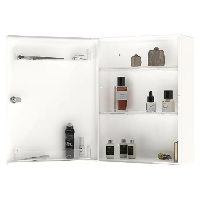 Jokey Medizinschrank - 15 x 31,5 x 42 cm - Offener weißer Medizinschrank mit Regalen und Türablage, gefüllt mit Kosmetik- und Pflegeprodukten.