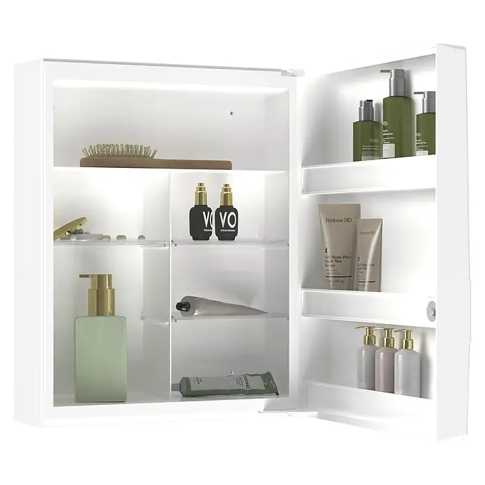Sieper Medizinschrank - 15 x 35 x 45 cm, Weiß - Ein offener weißer Medizinschrank mit verschiedenen Hautpflegeprodukten und einer Holzbürste auf Regalen.