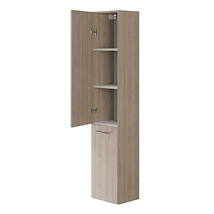Bad Land Badmöbel-Set LARA CITY Badmöbel-Set 50 cm Waschbecken-UnterschrankHochschrank 150/30/25 - Gesamtbreite Badmöbel: 50,5 cm, Nussbaum, Glänzend - Hoher Hochschrank in Holzoptik mit offener oberer Tür, die Regalböden zeigt, und geschlossener unterer Tür mit Griff.