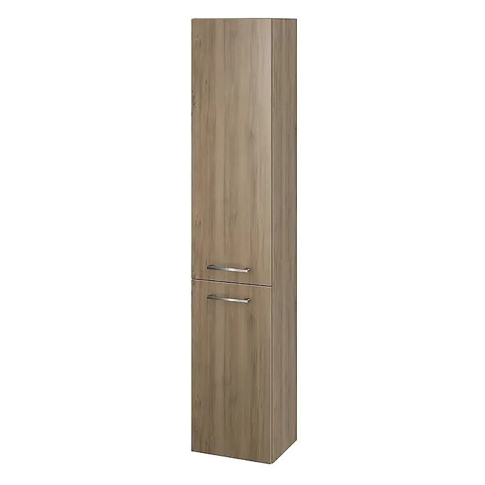 Bad Land Badmöbel-Set LARA COMO Badmöbel-Set 40 cm Waschbecken-UnterschrankHochschrank 150/30/25 - Gesamtbreite Badmöbel: 39,2 cm, Nussbaum, Glänzend - Schmaler Schrank in verwitterter hellbrauner Holzoptik mit zwei Türen und zwei horizontalen silbernen Griffen.