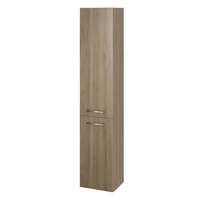 Bad Land Badmöbel-Set LARA CITY Badmöbel-Set 50 cm Waschbecken-UnterschrankHochschrank 150/30/25 - Gesamtbreite Badmöbel: 50,5 cm, Nussbaum, Glänzend - Hoher Schrank in Holzoptik, hellbraun, mit zwei silbernen Griffen.