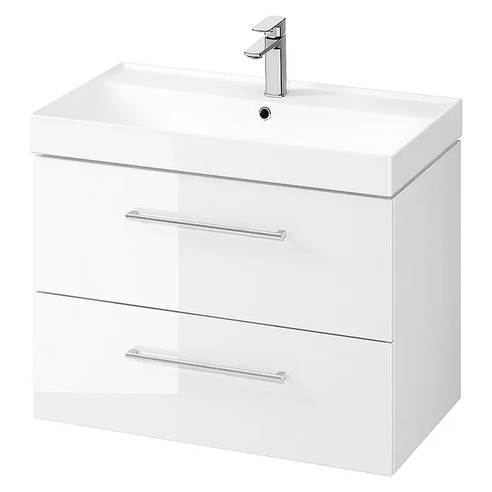Bad Land Badmöbel-Set LARGA Badmöbel-Set 80 cm Waschbecken-Unterschrank, Hochschrank 160 - Gesamtbreite Badmöbel: 81 cm, Weiß, Glänzend - Weißer wandhängender Badunterschrank mit Keramikwaschbecken, Chromarmatur und zwei Schubladen mit Chromgriffen.