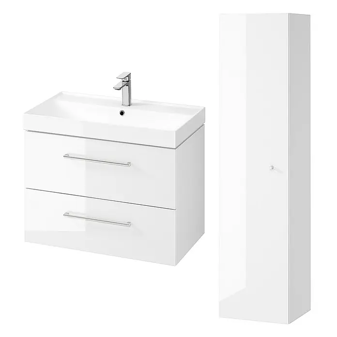 Bad Land Badmöbel-Set LARGA Badmöbel-Set 80 cm Waschbecken-Unterschrank, Hochschrank 160 - Gesamtbreite Badmöbel: 81 cm, Weiß, Glänzend - Weißer Badunterschrank mit Waschbecken, Armatur und zwei Schubladen, dazu ein hoher, schlanker weißer Schrank.