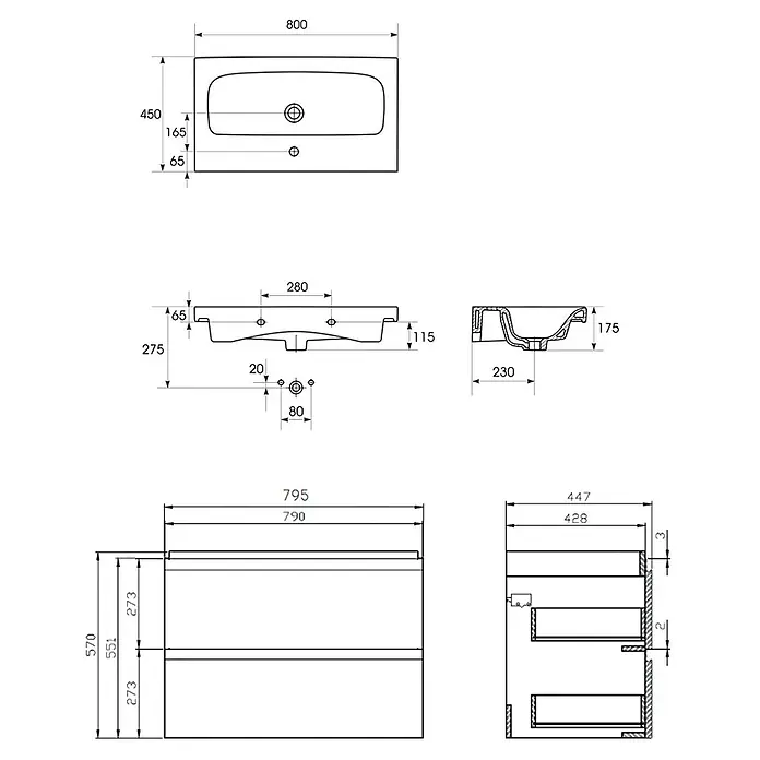 Bad Land Badmöbel-Set MODUO Badmöbel-Set 80 cm Waschbecken-Unterschrank, Hochschrank 160/40/34 - Gesamtbreite Badmöbel: 80 cm, Grau, Glänzend - Technische Zeichnung eines rechteckigen Badwaschbeckens mit integriertem Zweischubladen-Waschtischunterschrank, mit Maßen.