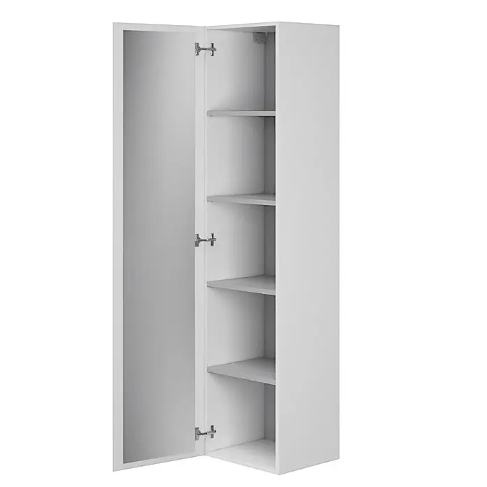 Bad Land Badmöbel-Set MODUO Badmöbel-Set 50 cm Waschbecken-Unterschrank, Hochschrank 160/40/34 - Gesamtbreite Badmöbel: 50 cm, Weiß, Glänzend - Weißer hoher Schrank mit offener Tür, der einen Spiegel innen und mehrere Ablagefächer zeigt.