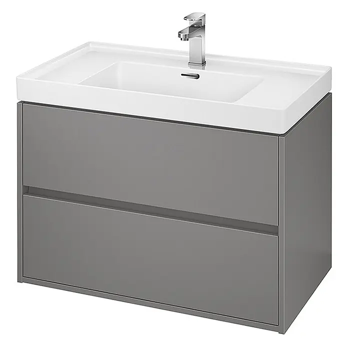 Bad Land Badmöbel-Set CREA Badmöbel-Set 80 cm Grau matt Unterschrank mit Keramikbecken - Gesamtbreite Badmöbel: 80,5 cm, Grau, Matt - Grauer wandhängender Badunterschrank mit zwei Schubladen, integriertem weißen Waschbecken und Chromarmatur.