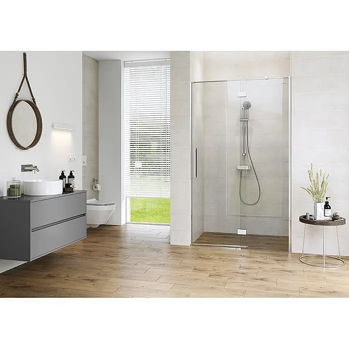 Bad Land Badmöbel-Set CREA Badmöbel-Set 80 cm Grau matt Unterschrank mit Keramikbecken - Gesamtbreite Badmöbel: 80,5 cm, Grau, Matt - Transparente Glas-Duschkabine mit minimalistischem Design in einem modernen Badezimmer.