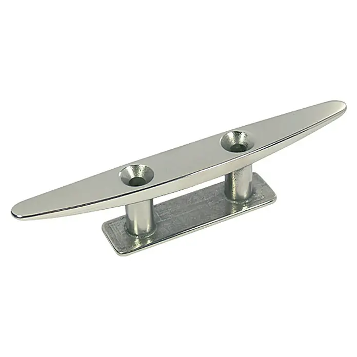 Belegklampe - 125 mm, Edelstahl, Lochabstand: 40 mm, Silber - Eine silberne Bootsklampe mit zwei Löchern zur Befestigung von Seilen, ideal für Bootsanlegeplätze und maritime Anwendungen.