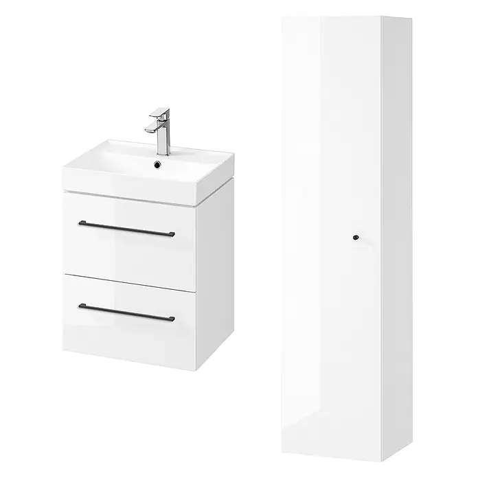 Bad Land Badmöbel-Set LARGA Badmöbel-Set 50 cm Waschbecken-Unterschrank, Hochschrank 160 - Gesamtbreite Badmöbel: 50,5 cm, Weiß, Glänzend - Weißer Badezimmer-Waschtisch mit Waschbecken, Chromarmatur und zwei Schubladen, sowie ein passender hoher weißer Hochschrank.