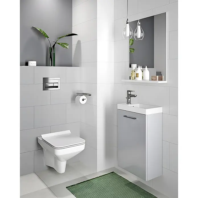 Bad Land Badmöbel-Set LARA COMO Badmöbel-Set 40 cm Nussbaum, UnterschrankTür und Keramikbecken - Gesamtbreite Badmöbel: 39,2 cm, Nussbaum, Glänzend - Modernes Bad mit weißem Wand-WC, grauem Hängewaschtisch mit Waschbecken und rechteckigem Spiegel.