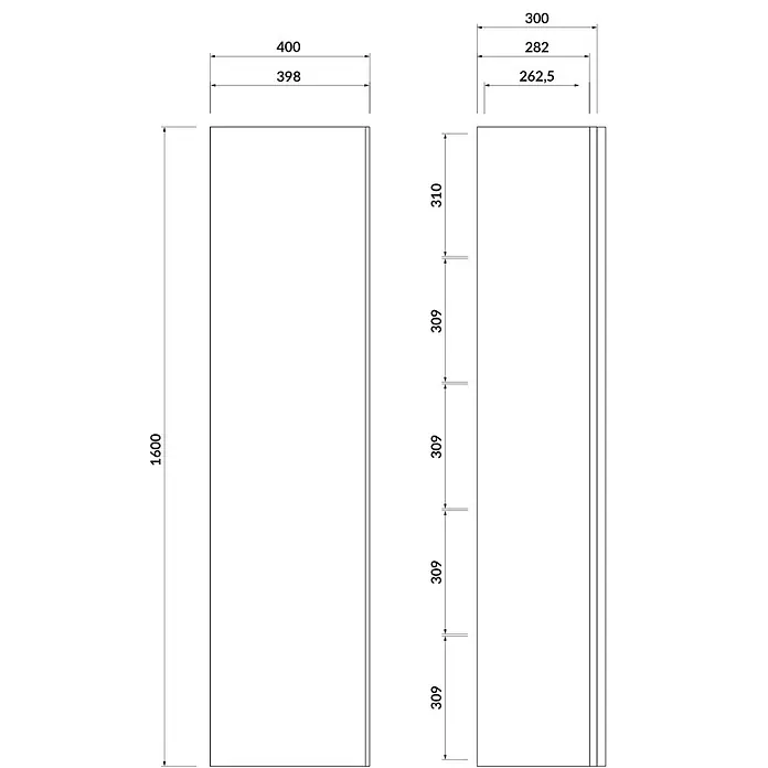 Bad Land Badmöbel-Set VIRGO Badmöbel-Set 80 cm Waschbecken-Unterschrank, Hochschrank 160/40/30 - Gesamtbreite Badmöbel: 81 cm, Weiß, Glänzend - Bemaßte technische Zeichnung eines hohen, rechteckigen Schranks oder Regals, zeigt Gesamthöhe 1600, Breite 400, Tiefe 300 und Innenmaße für Einlegeböden.