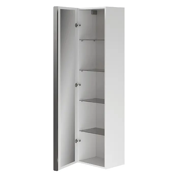 Bad Land Badmöbel-Set VIRGO Badmöbel-Set 80 cm Waschbecken-Unterschrank, Hochschrank 160/40/30 - Gesamtbreite Badmöbel: 81 cm, Weiß, Glänzend - Weißer Hochschrank mit offener Tür, die mehrere transparente Glasböden im Inneren zeigt.