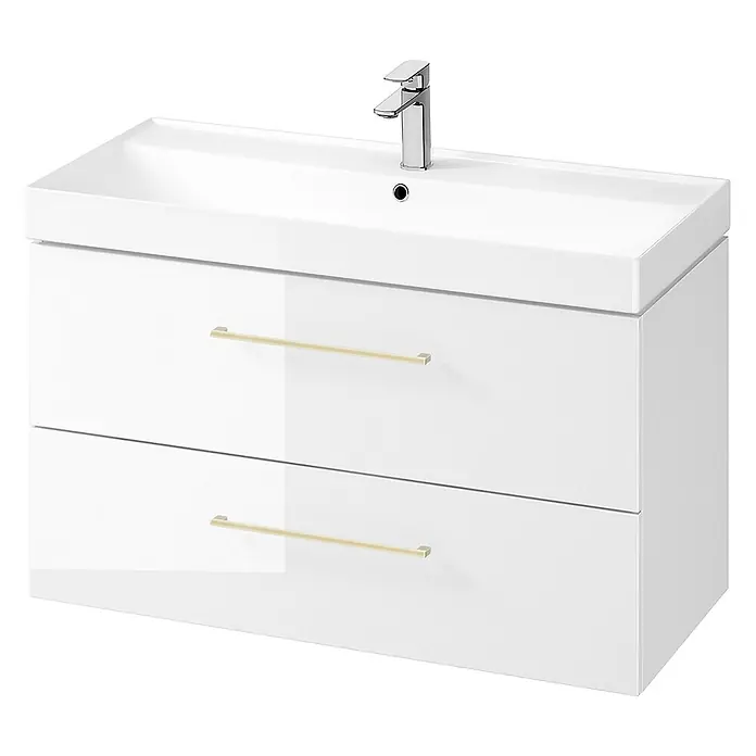Bad Land Badmöbel-Set LARGA Badmöbel-Set 100 cm Weiß 2x goldene Möbelgriffe - Gesamtbreite Badmöbel: 100 cm, Weiß, Glänzend - Weißer wandmontierter Badschrank mit integriertem Waschbecken, Chromarmatur und zwei Schubladen mit goldfarbenen Griffen.