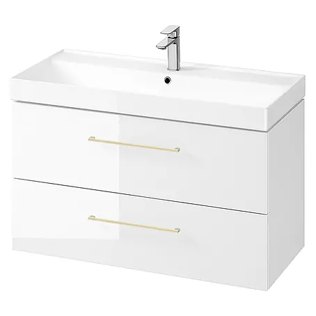 Bad Land  Badmöbel-Set LARGA Badmöbel-Set 100 cm Weiß 2x goldene Möbelgriffe